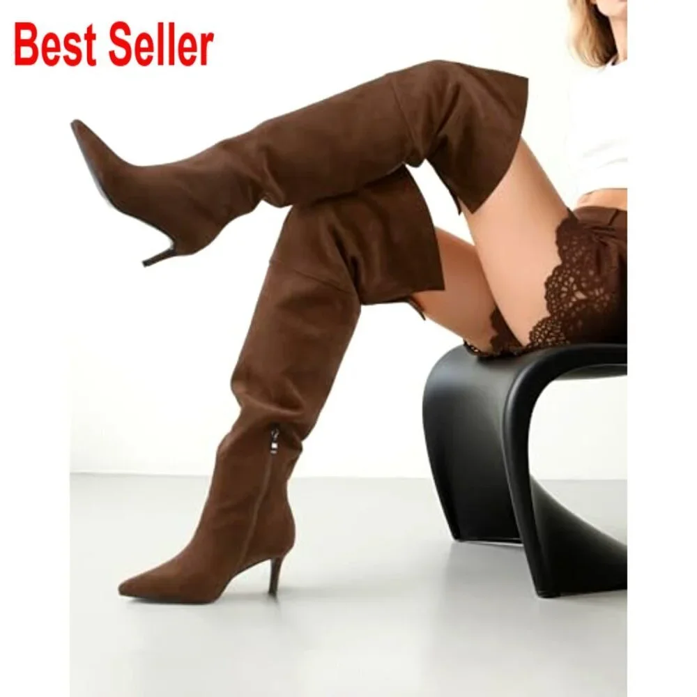 Thigh High Boots Over the Knee Stiletto Heel Wide Calf Side Zipper